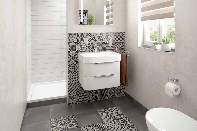 Baie modernă cu dulap sub chiuvetă, gresie mozaic și duș