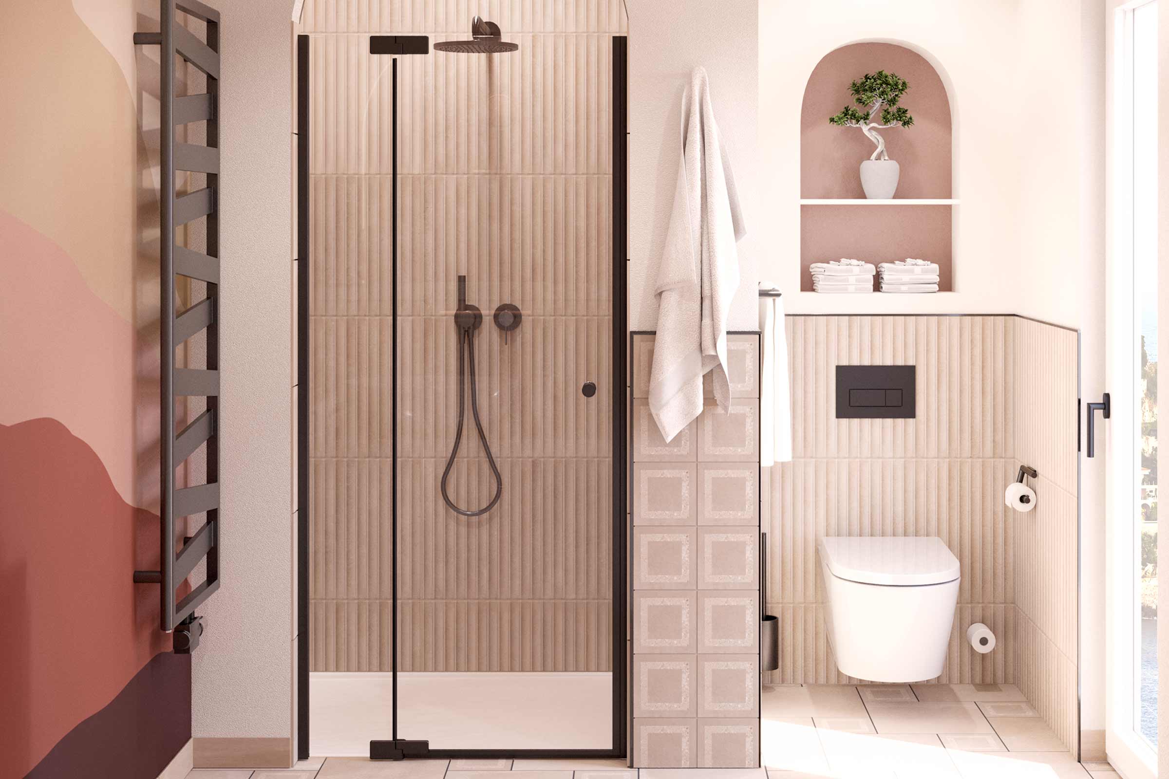 Baie luminoasă cu duș, radiator, toaletă și elemente decorative pentru o atmosferă modernă.