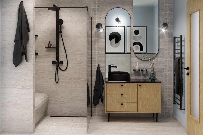 Baie luminoasă cu duș, lavoar și calorifer portprosop