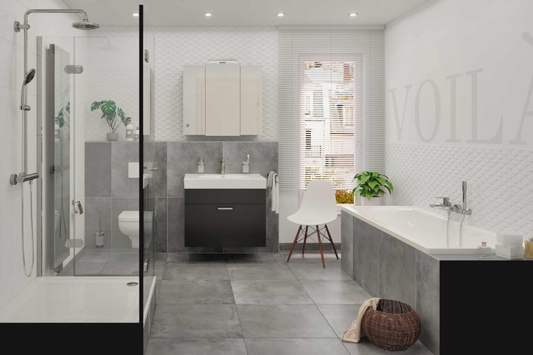 Baie cu duș, lavoar, dulap cu oglindă, toaletă și cadă