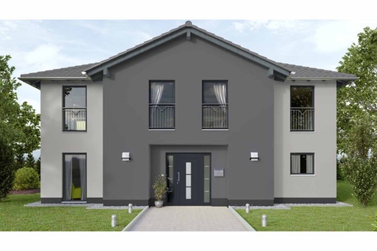 Casă prefabricată modernă cu două etaje, cu acoperiș în două ape și grădină