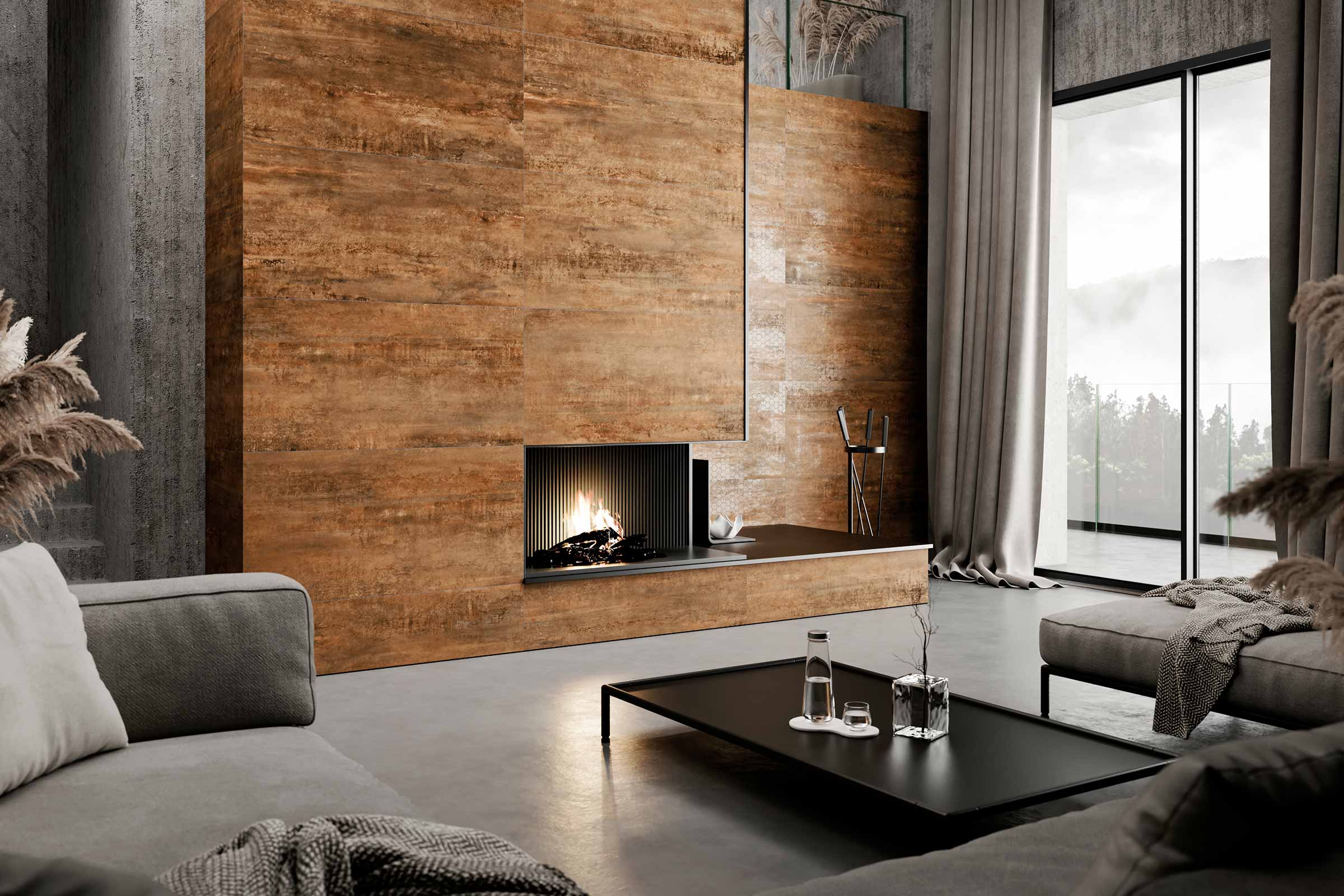 Cameră de zi cu șemineu placat cu gresie cu aspect de lemn și mobilier modern.