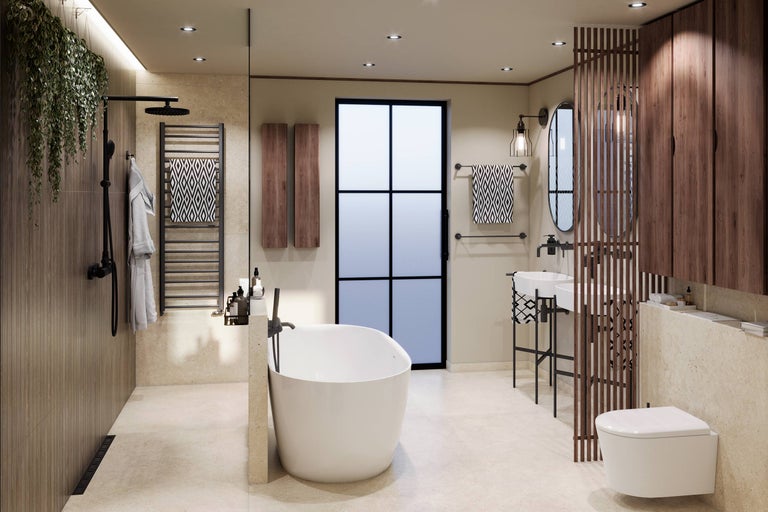 Baie luminoasă cu cadă, lavoar, toaletă și elemente din lemn