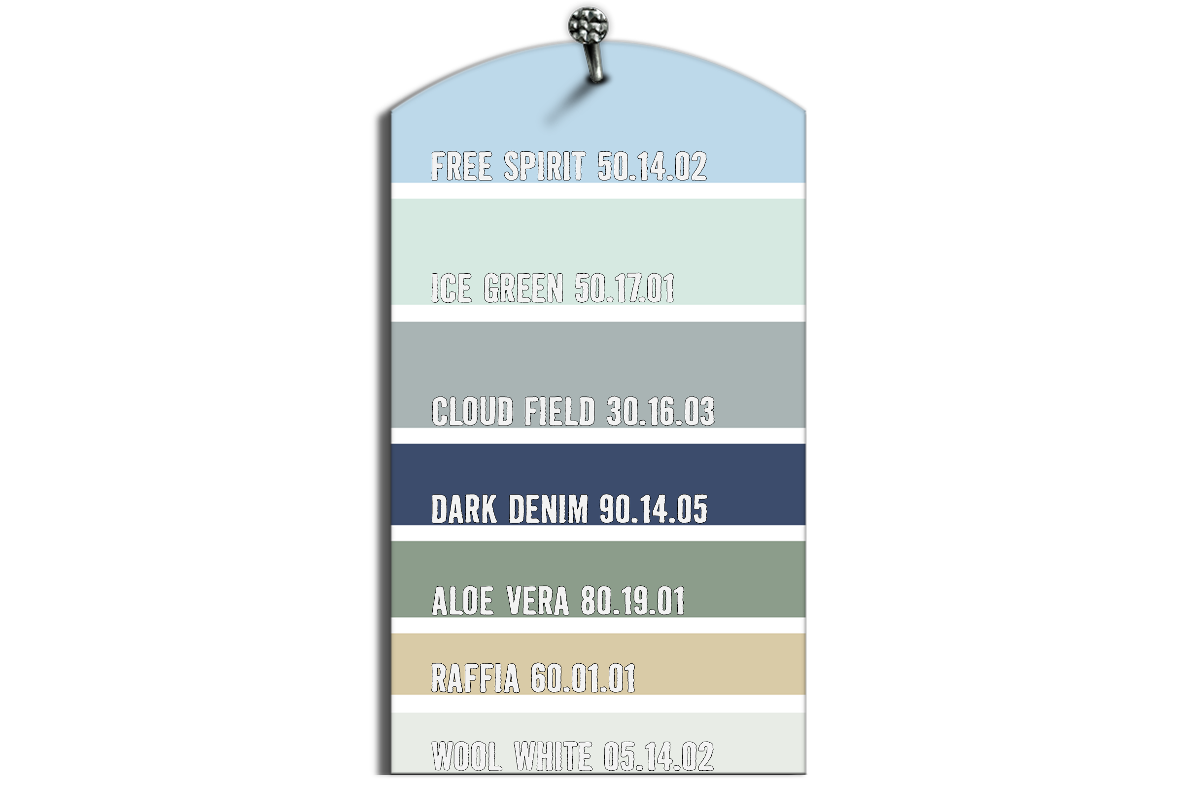 Paletar de culori cu diferite nuanțe: Free Spirit, Ice Green, Cloud Field, Dark Denim, Aloe Vera, Raffia, Wool White