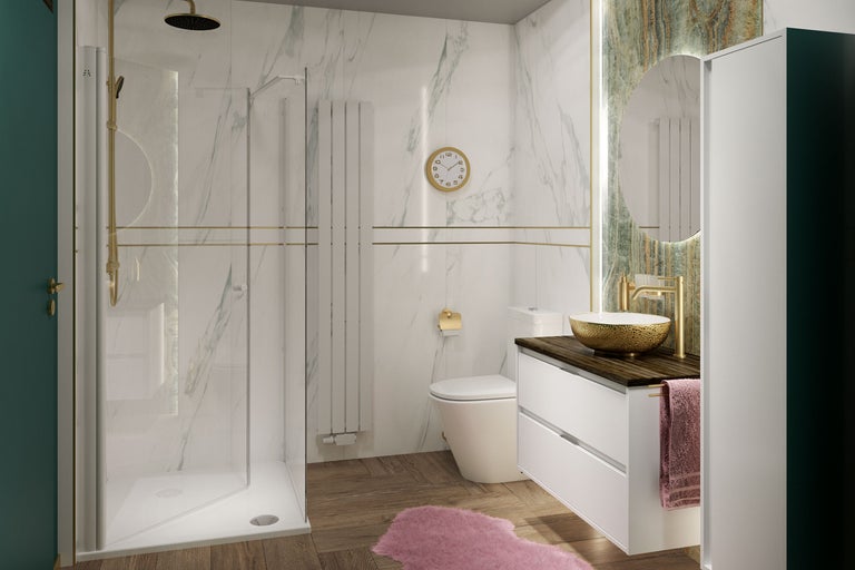 Baie modernă cu duș, toaletă, lavoar și oglindă