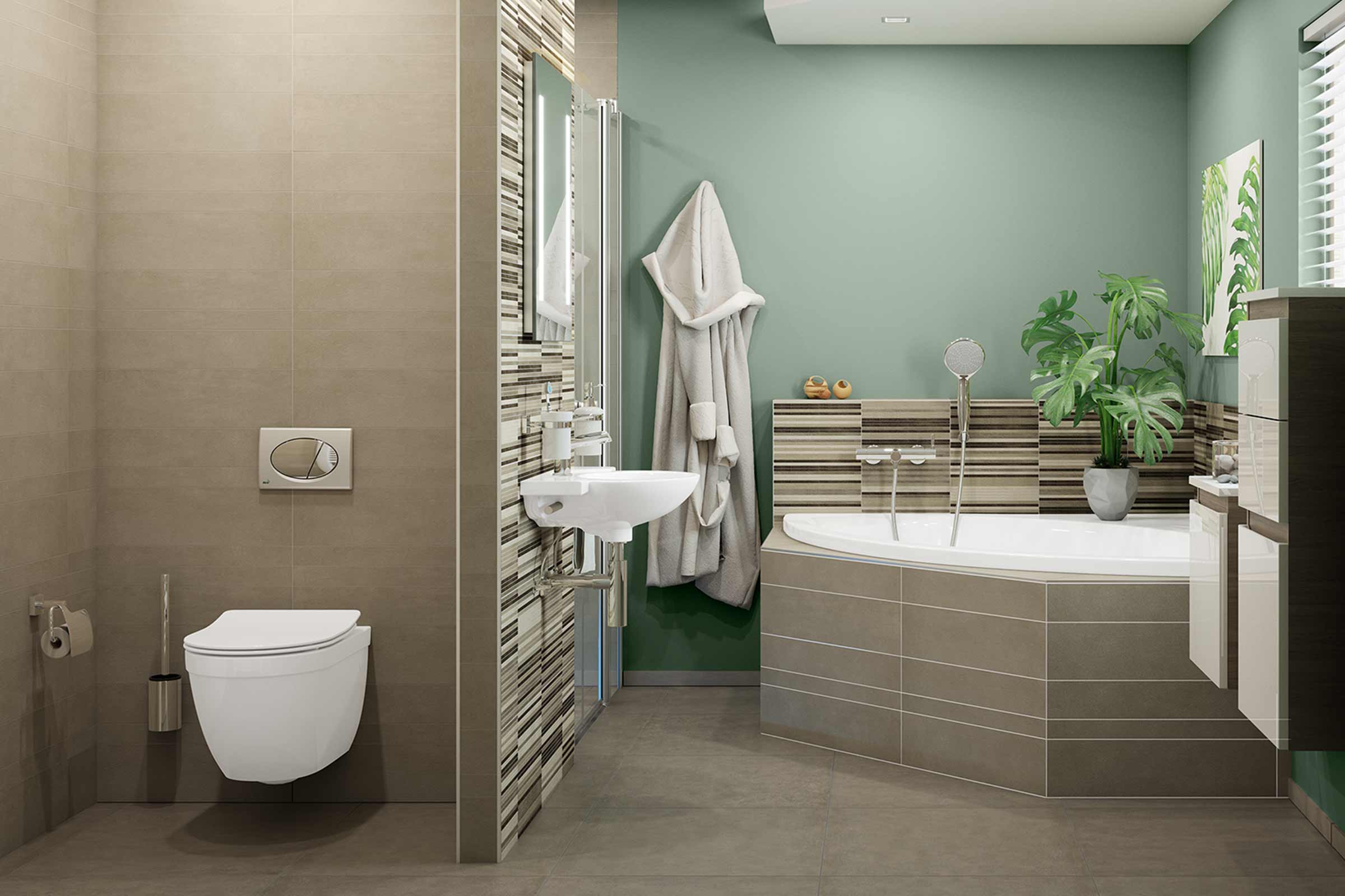 Baie luminoasă cu toaletă, lavoar și cadă într-un design contemporan.