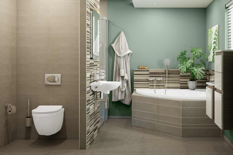 Baie luminoasă cu toaletă, lavoar și cadă într-un design contemporan.