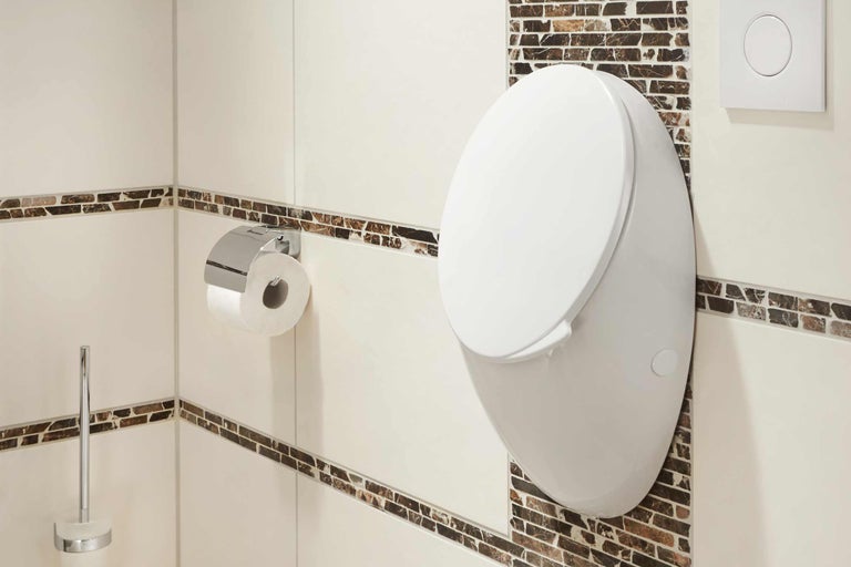 Toaletă suspendată cu spălare profundă într-o baie cu suport pentru hârtie igienică și buton de spălare