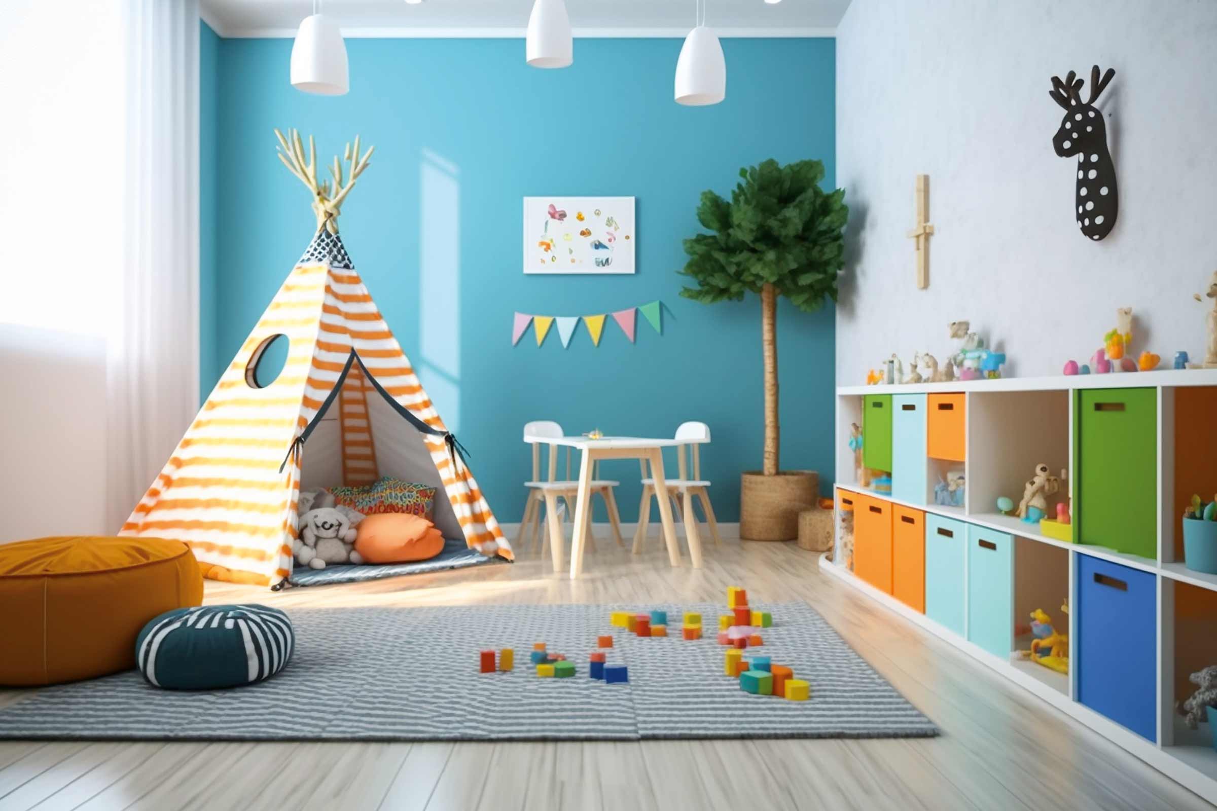 Cameră luminoasă pentru copii cu cort de joacă, mobilier pentru copii și jucării colorate