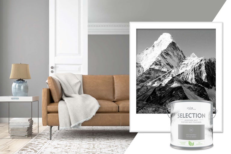 Cameră de zi cu canapea maro, lampă, motiv montan înrămat și cutie de vopsea de perete mată Style Color Selection