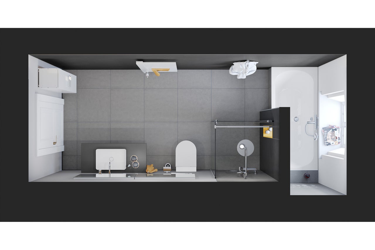 Vedere de sus a unei băi cu chiuvetă, toaletă, duș și cadă