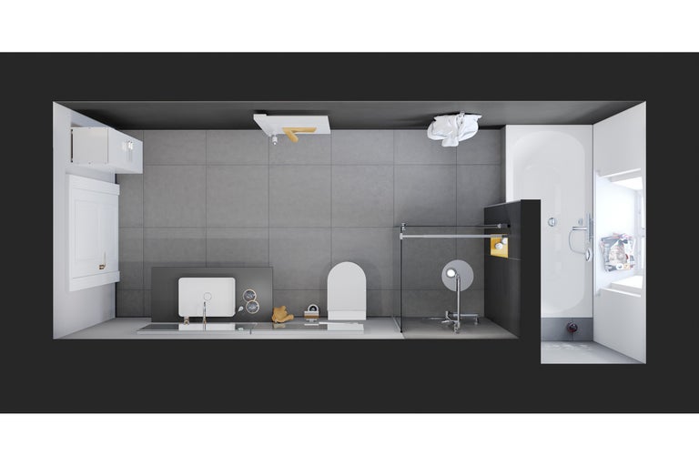 Vedere de sus a unei băi cu chiuvetă, toaletă, duș și cadă