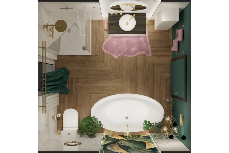 Perspectivă de sus a unei băi cu duș, toaletă, chiuvetă, oglindă și decorațiuni