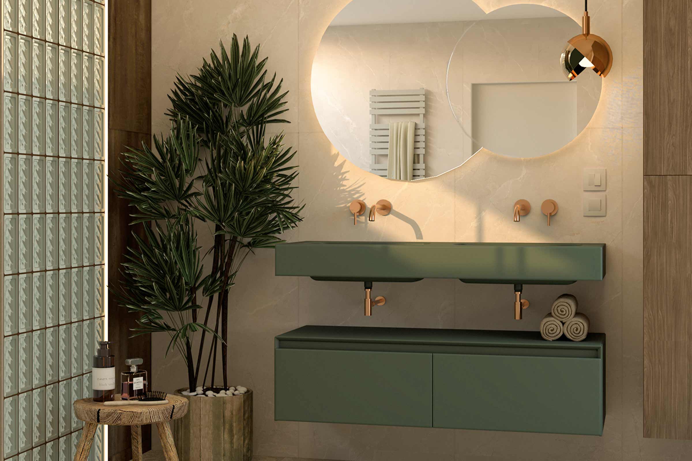 Baie modernă cu chiuvete verzi, oglinzi rotunde cu iluminare și elemente decorative, cum ar fi o plantă de interior și prosoape