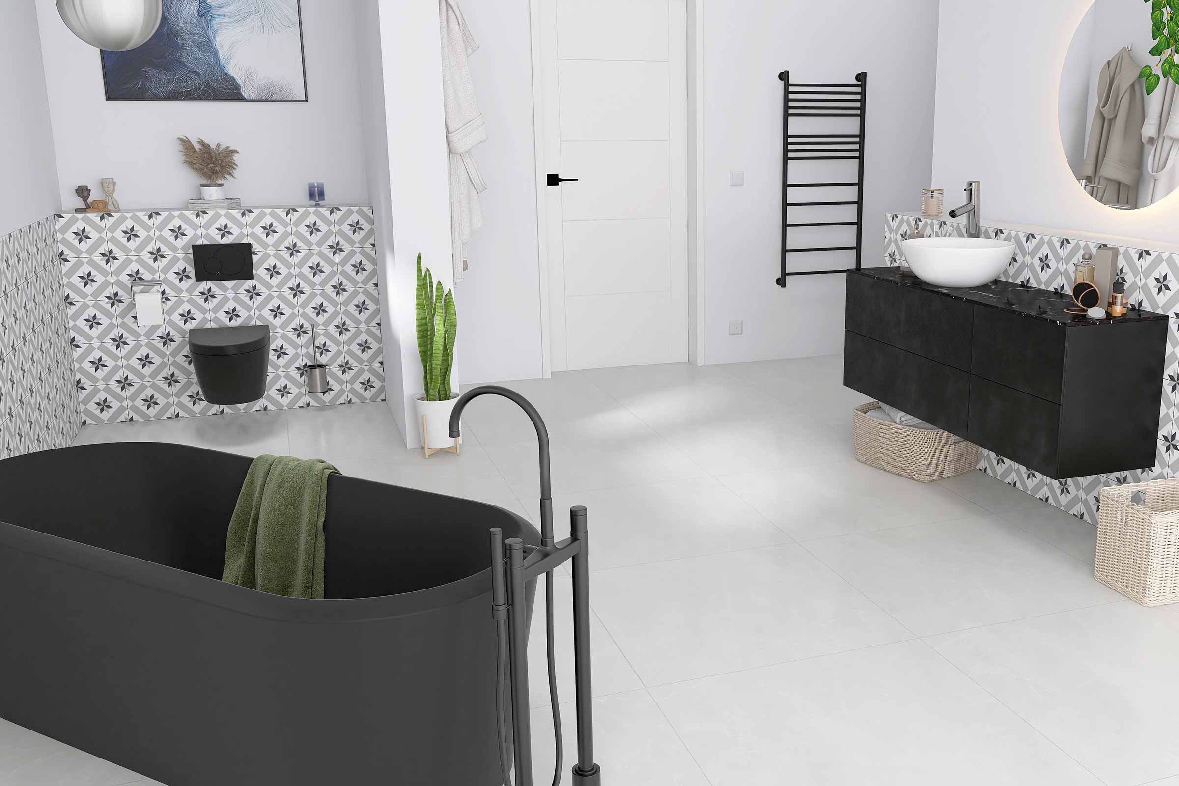 Baie modernă cu cadă freestanding, lavoar cu montaj pe blat și faianță cu model