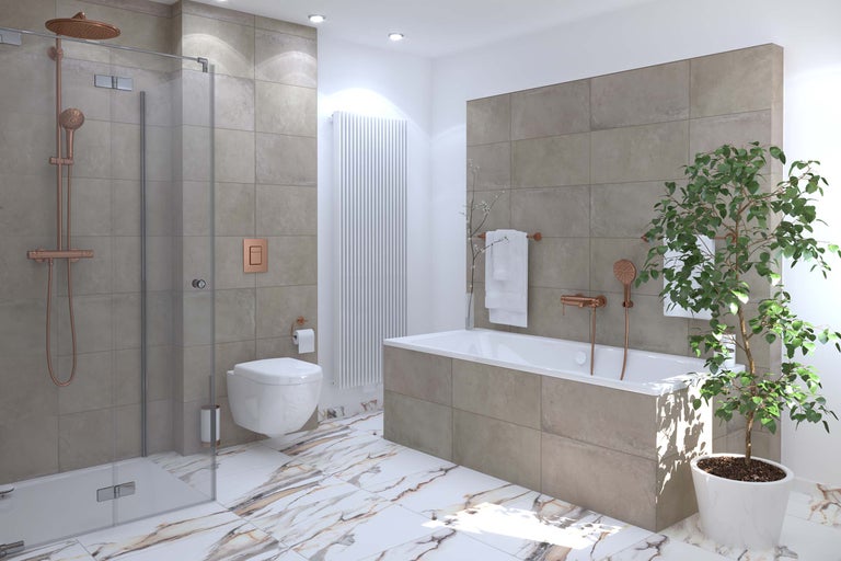 Baie cu duș, toaletă, cadă, radiator și plantă