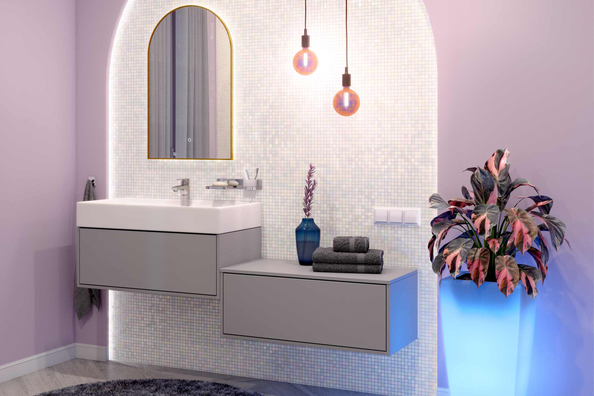 Baie modernă cu chiuvetă, oglindă și decorațiuni.