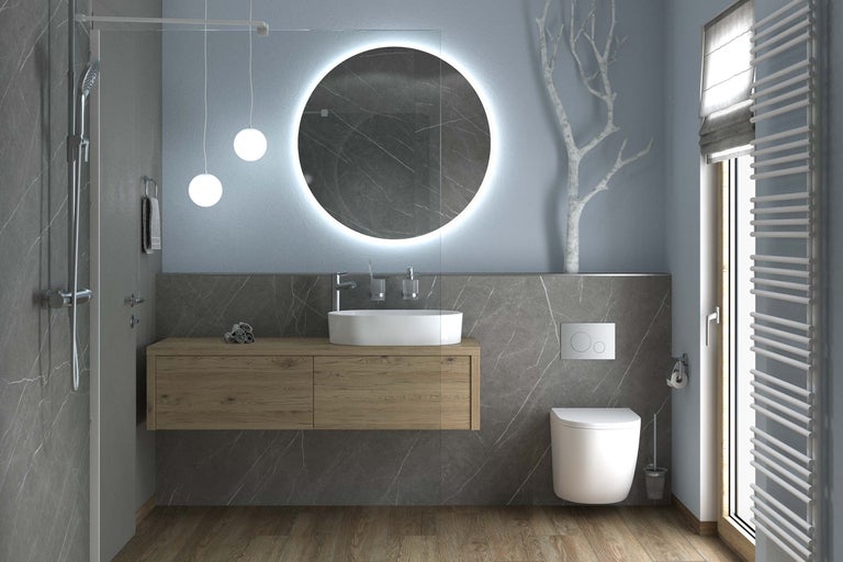 Baie modernă cu lavoar, oglindă, toaletă și calorifer