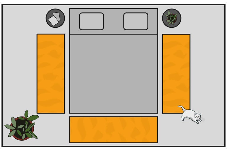 Vedere de sus a unui dormitor cu pat, covoare, noptiere și plante de interior