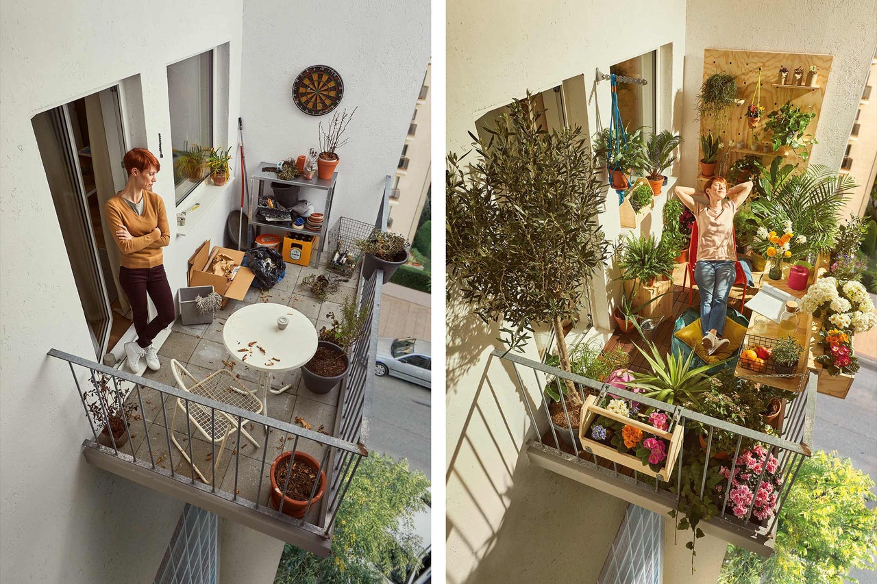 Vedere înainte și după a unui balcon transformat dintr-un spațiu dezordonat într-un refugiu verde