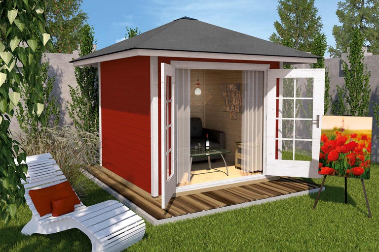 Cabină de grădină de sine stătătoare cu uși duble deschise, dotată cu mobilier de grădină și decorațiuni