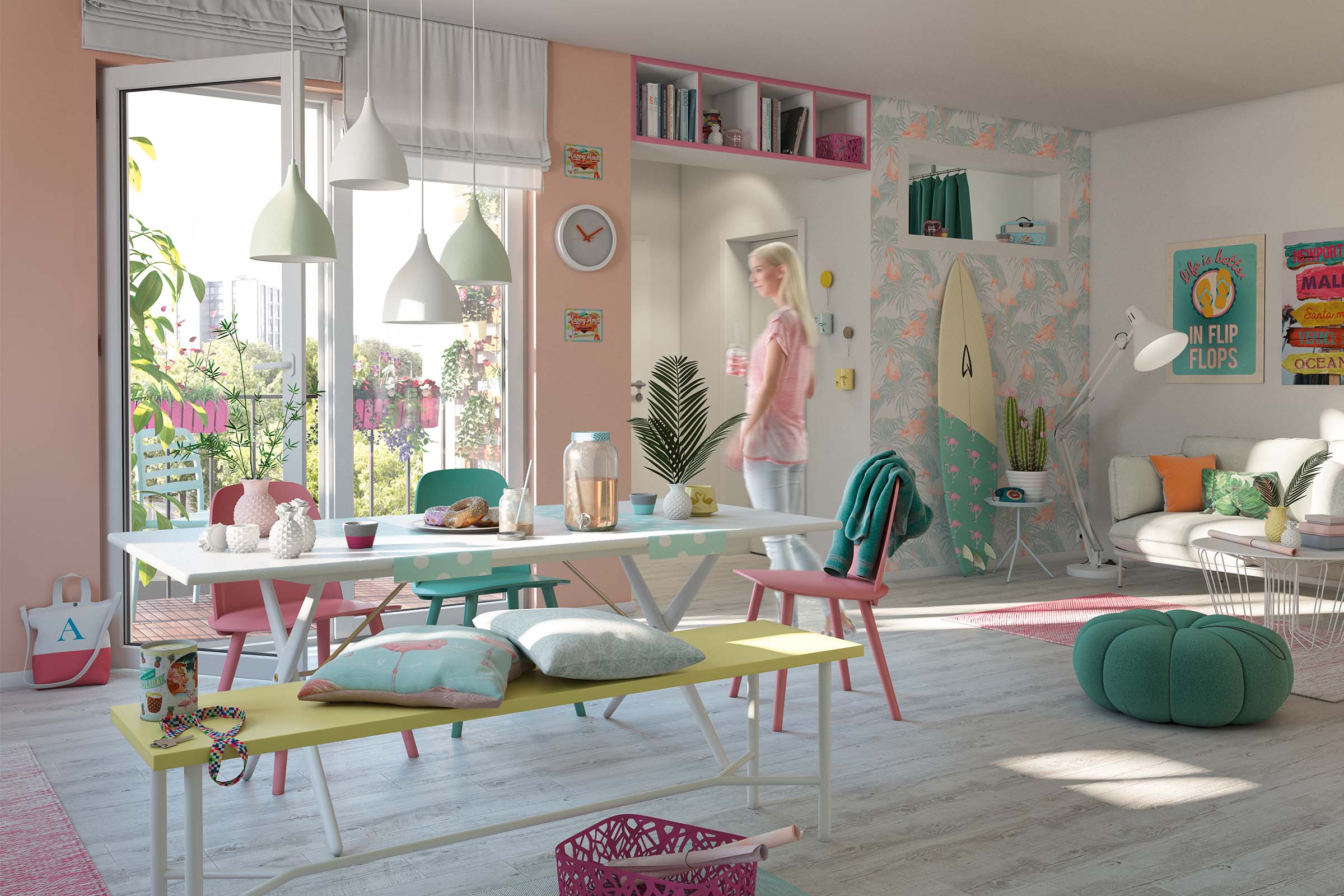 Cameră de zi luminoasă cu masă de sufragerie, bancă și zonă de relaxare în design estival