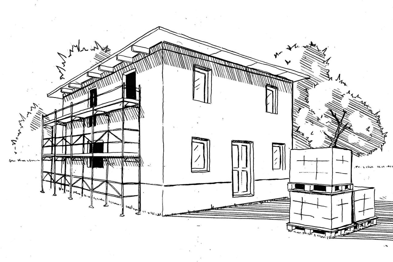 Ilustrație a construcției unei case cu schele și materiale de construcție