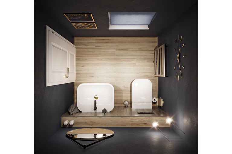 Baie modernă cu toaletă, lavoar, ceas de perete și lambriuri din lemn.