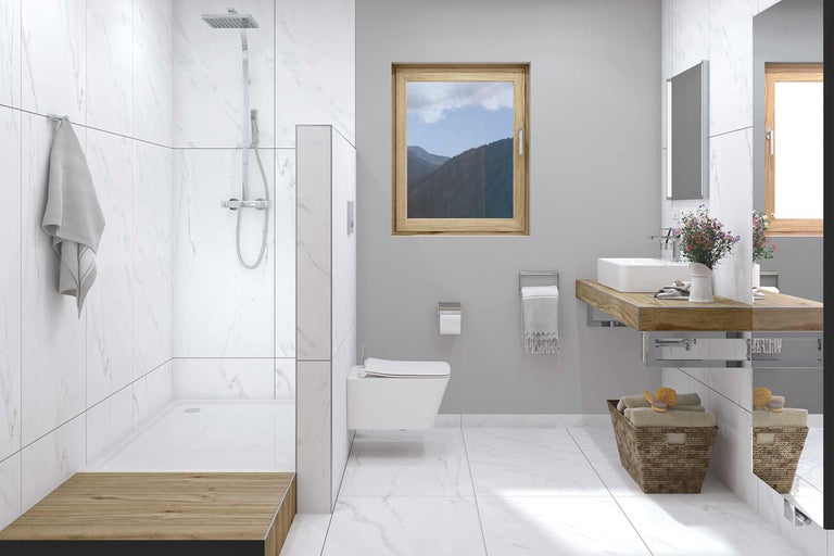 Baie cu duș, toaletă, chiuvetă și fereastră