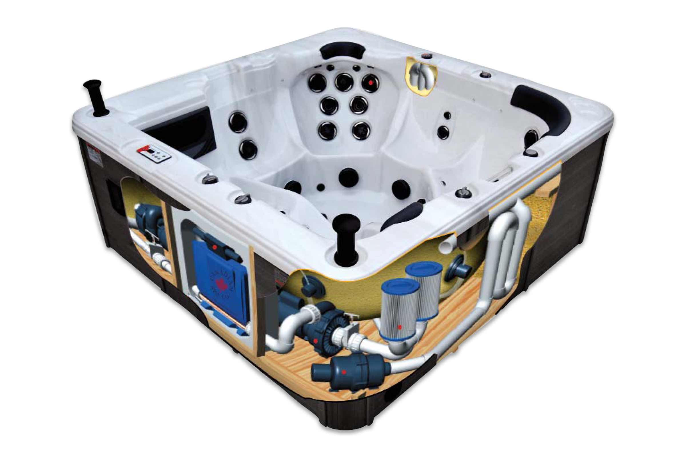 Secțiune transversală a unui jacuzzi cu detalii despre conducte, filtru și încălzire.