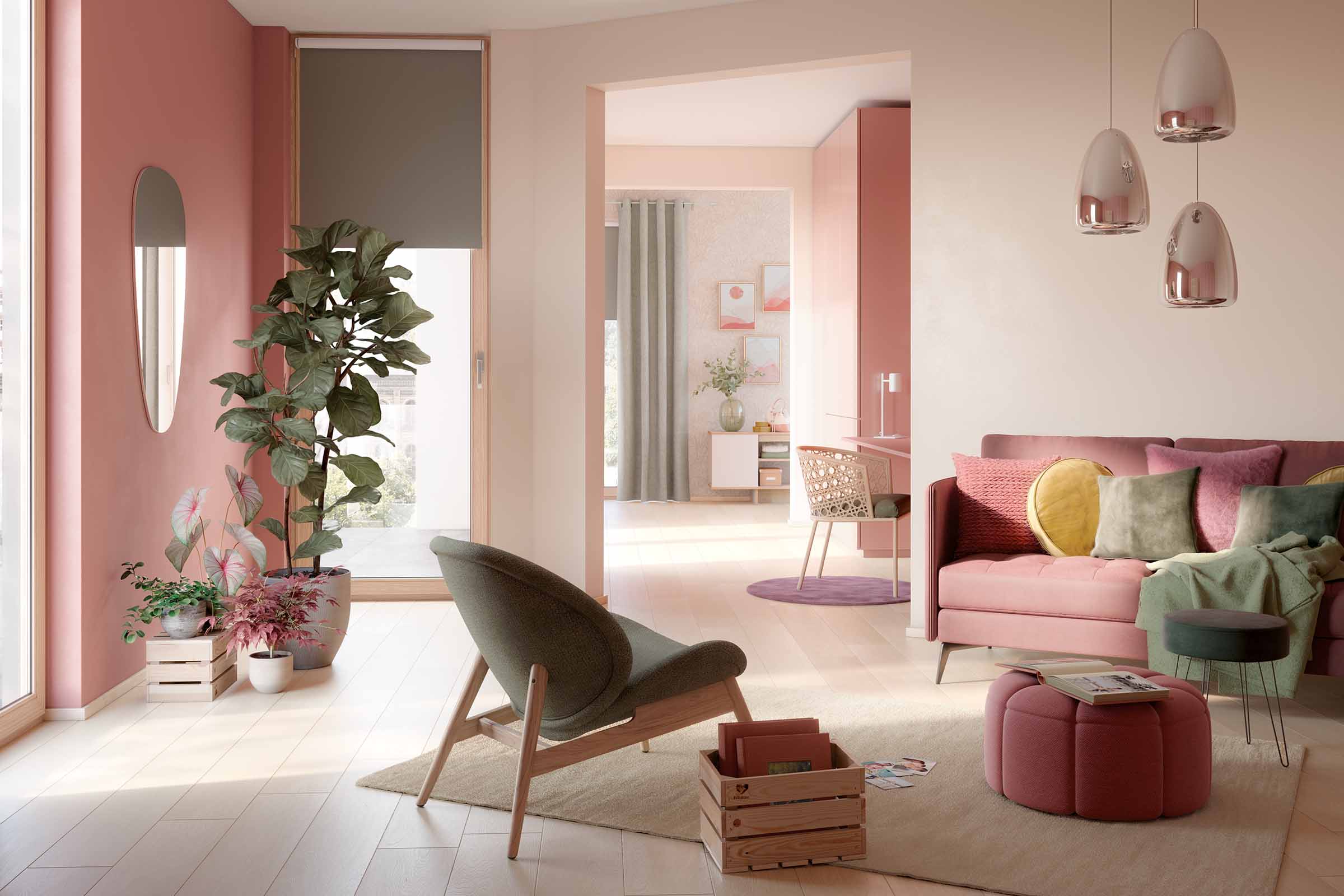 Cameră de zi cu mobilier de ședere, plante de interior și elemente decorative într-un design luminos și organizat