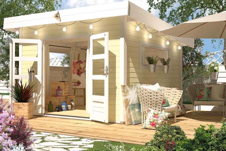 Căsuță de grădină cu uși deschise, terasă și mobilier de grădină