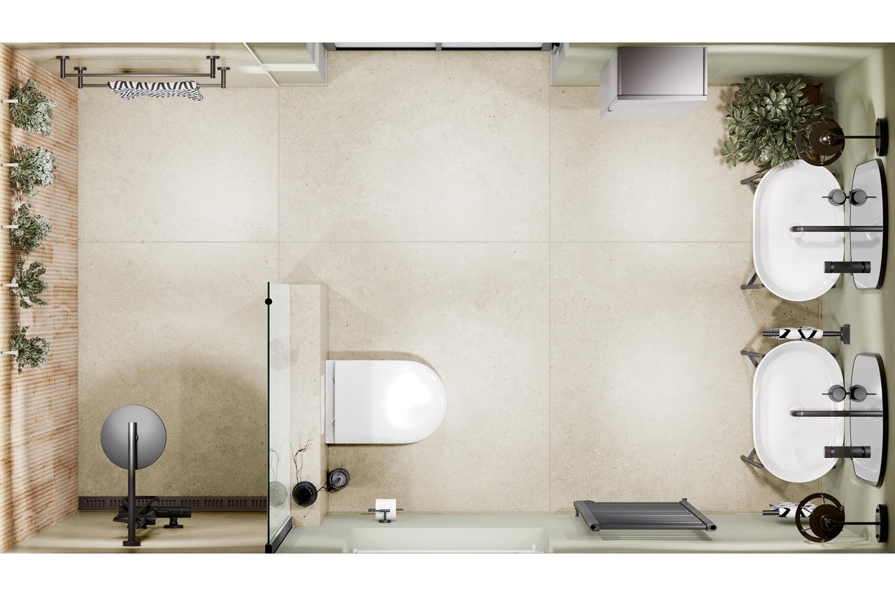 Vedere de sus a unei băi moderne cu două lavoare, toaletă, duș de tip walk-in și gresie bej cu aspect de piatră.