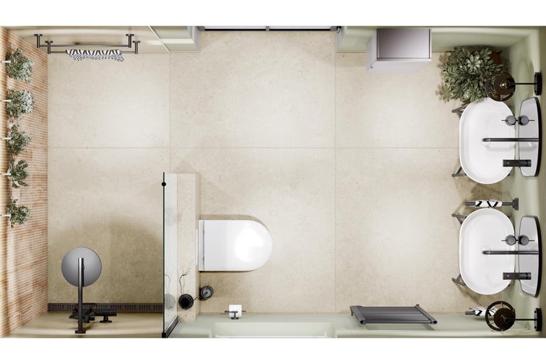 Vedere de sus a unei băi moderne cu două lavoare, toaletă, duș de tip walk-in și gresie bej cu aspect de piatră.