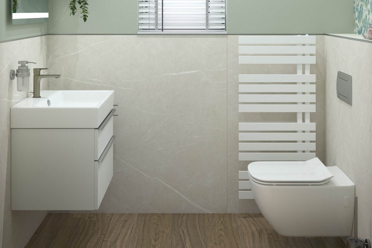 Baie modernă cu dulap de bază pentru lavoar, calorifer portprosop și WC suspendat