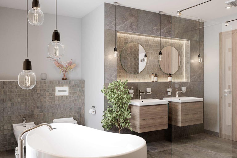Baie modernă cu cadă, chiuvete, oglinzi și iluminat