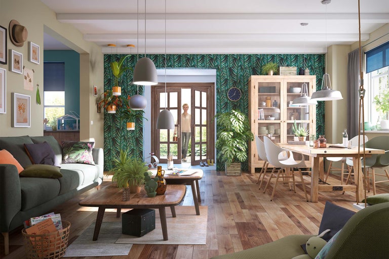 Cameră de zi cu canapea, măsuță de cafea, masă de sufragerie și articole decorative într-o casă