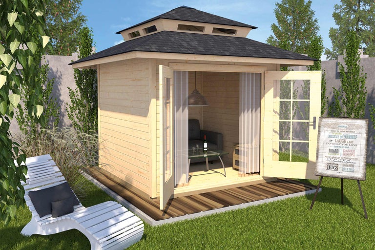 Foișor de grădină cu mobilier de lounge, șezlong și decorațiuni pe gazon