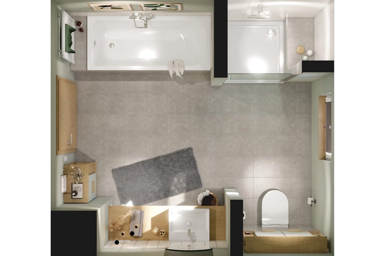 Vedere de sus a unei băi cu cadă, duș, chiuvetă și toaletă