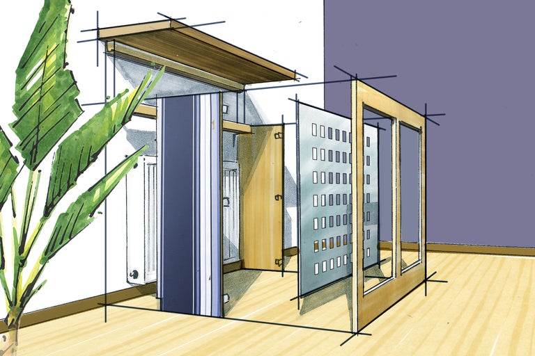 Schiță a unei băi cu duș, toaletă și chiuvetă