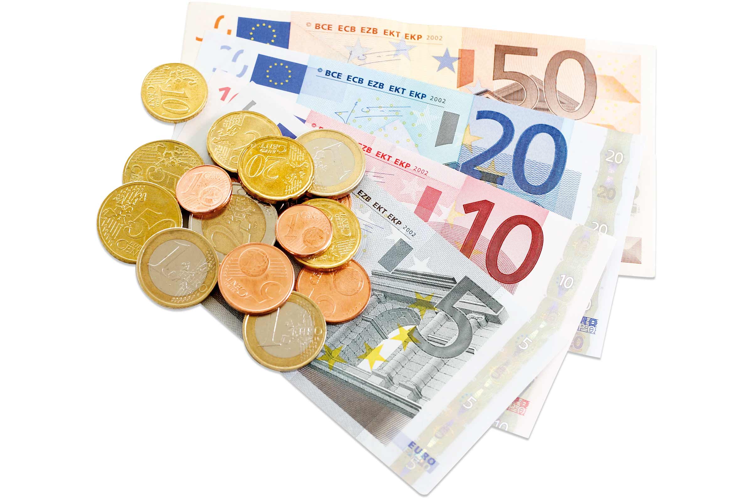 Bancnote și monede euro de diferite valori nominale