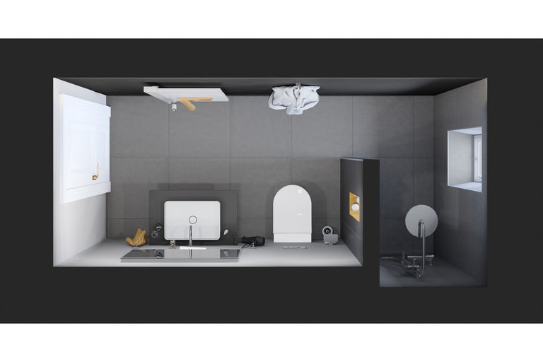 Baie modernă cu lavoar, toaletă, oglindă și spații de depozitare