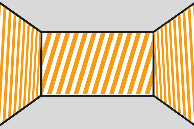 Reprezentare grafică a unei încăperi cu dungi de avertizare galben-alb