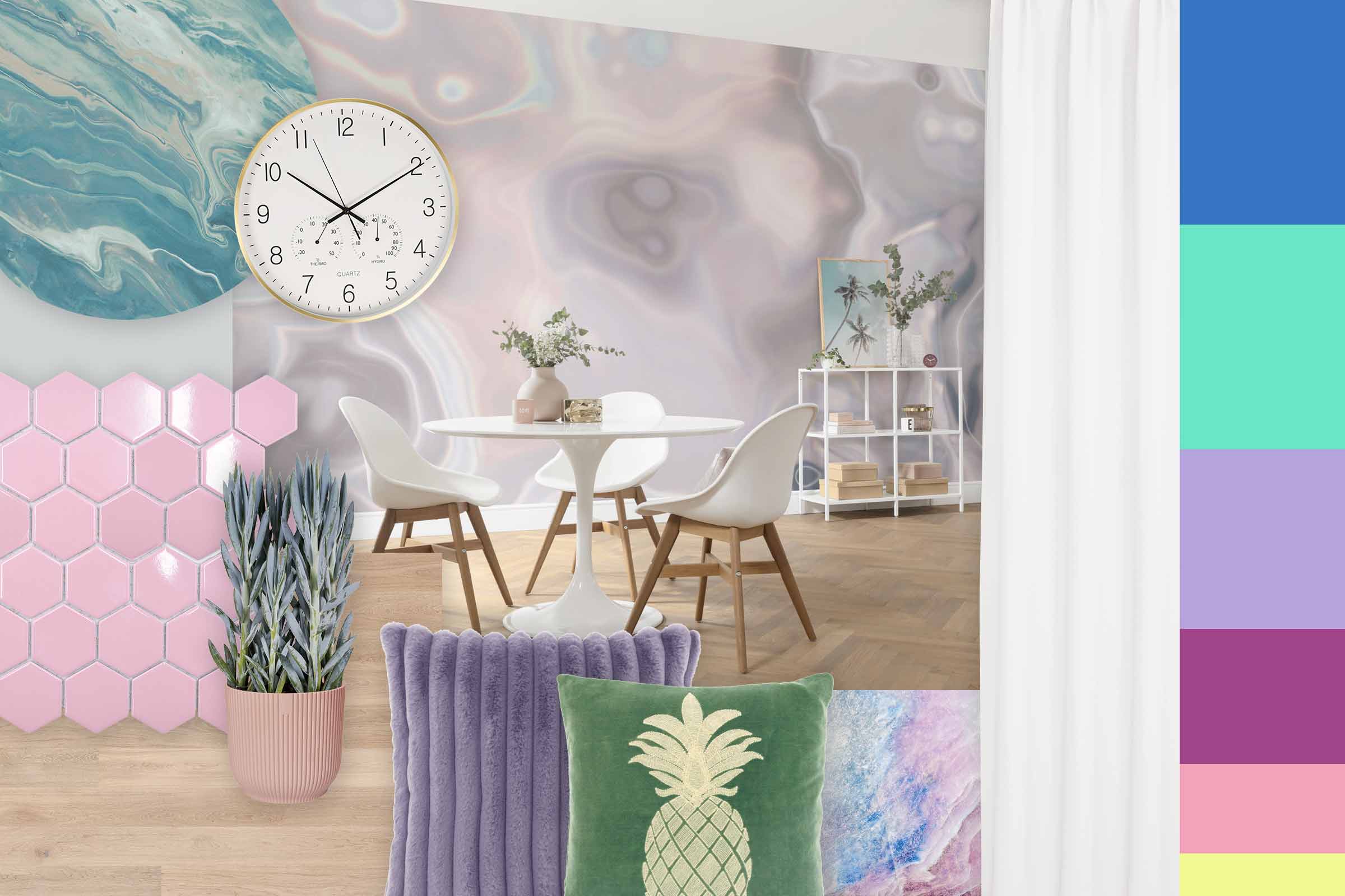 Imagine cu o cameră cu masă de dining, scaune, ceas de perete și elemente decorative
