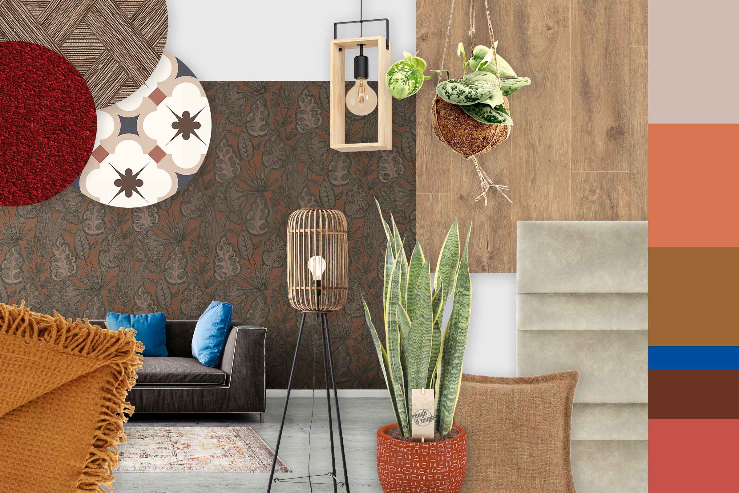 Tablou de prezentare pentru camera de zi cu mobilier, decorațiuni, vopsele de perete, pardoseli și textile