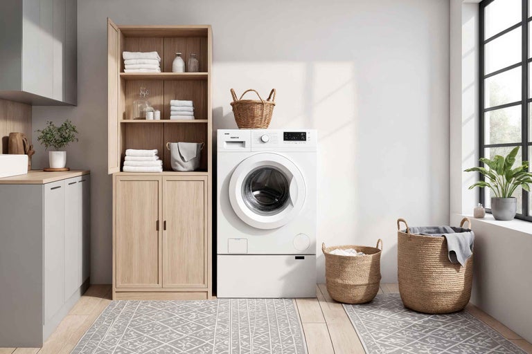 Spălătorie cu mașină de spălat, rafturi și coșuri de rufe