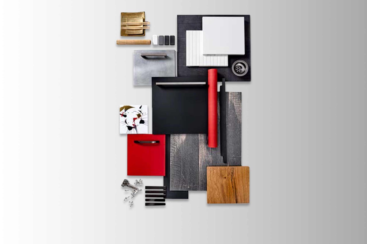 Colaj cu diverse materiale și culori pentru designul bucătăriei