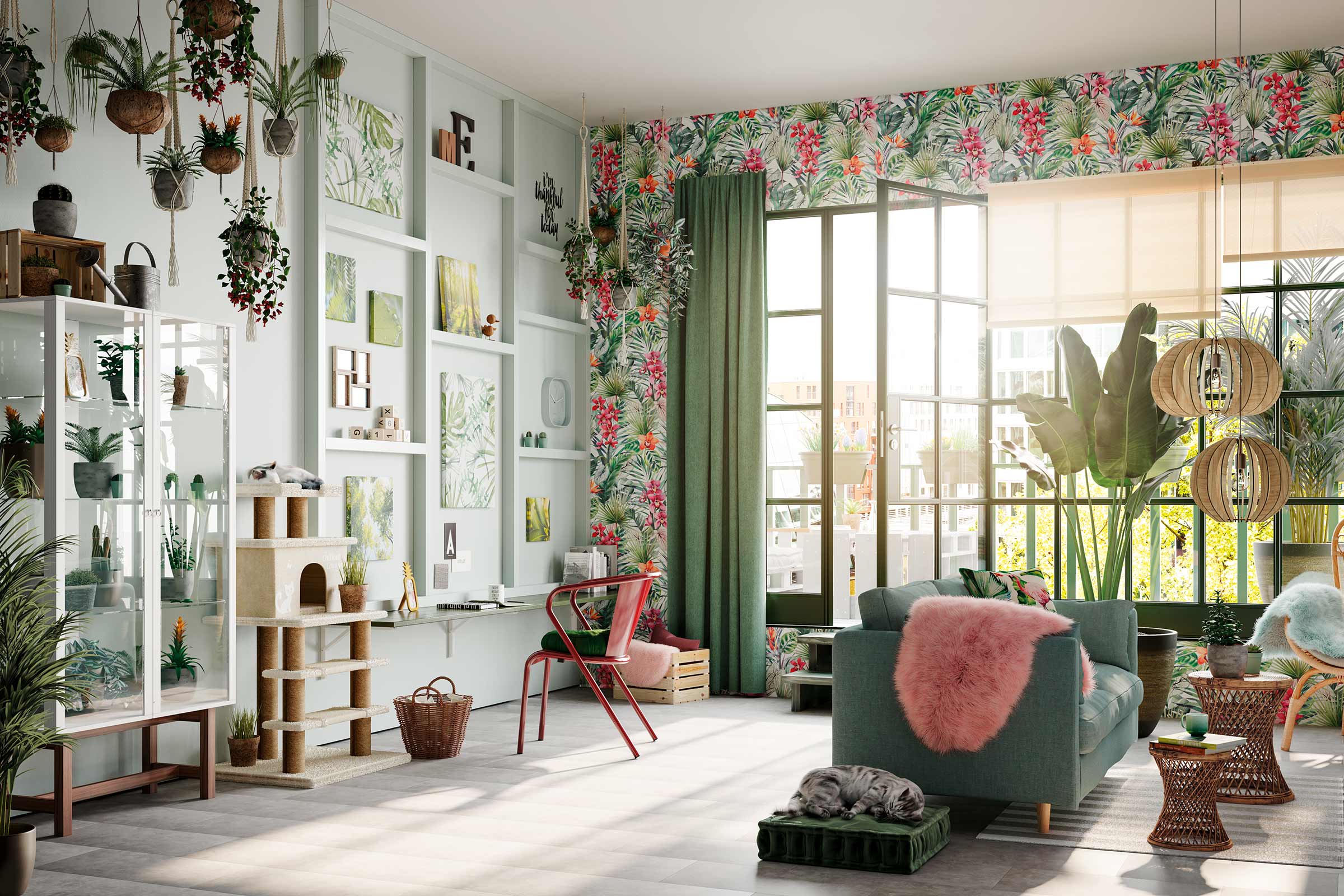 Living room în stil junglă cu mobilier, plante și decorațiuni