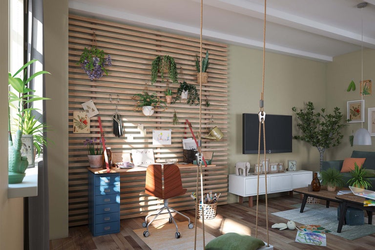 Cameră de zi luminoasă cu birou, lambriu din lemn, plante suspendate și televizor
