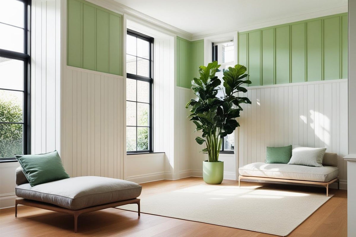 Cameră de zi luminoasă cu mobilier de ședere, covor, plantă de interior și panouri de perete